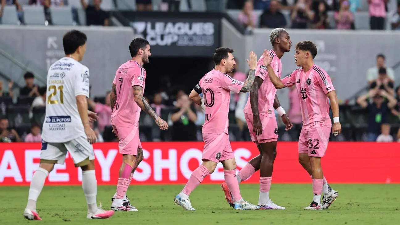 Lionel Messi celebrating a goal for Inter Miami during the Leagues Cup